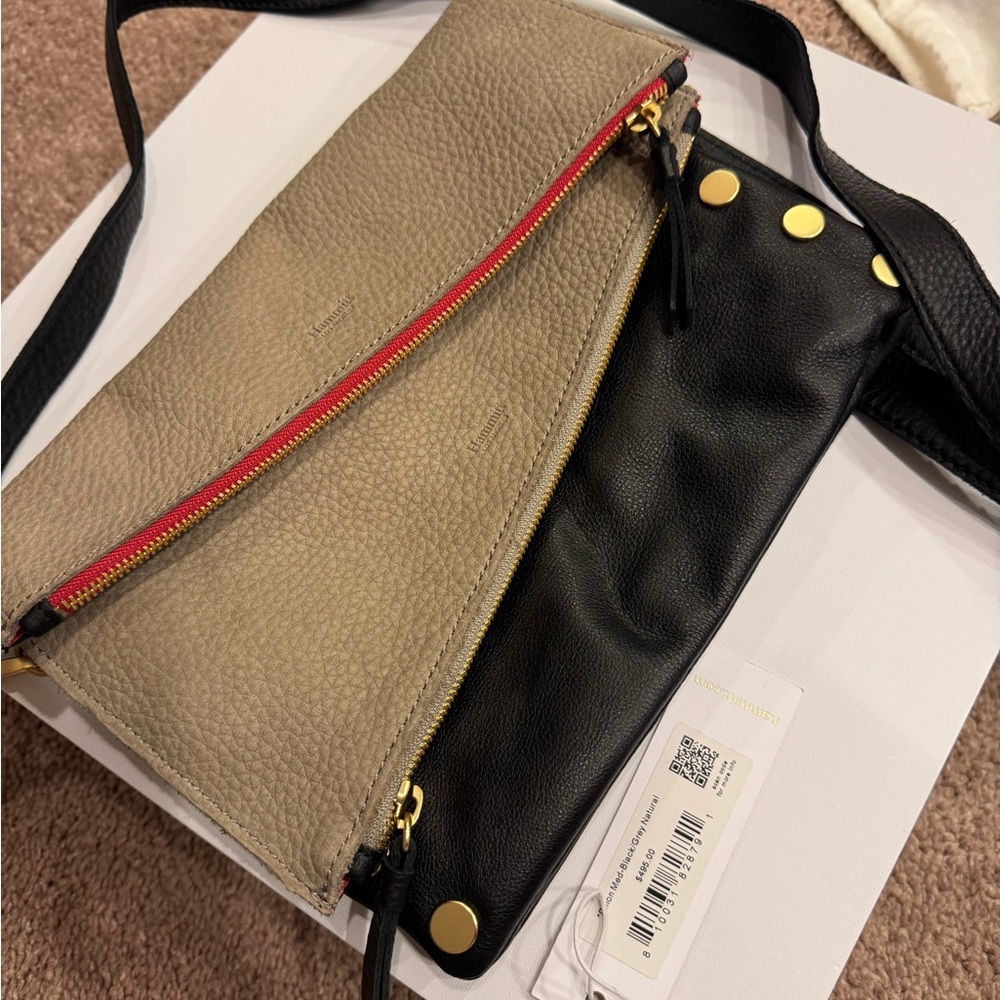 Hammitt Black and Taupe Leather Crossbody with Gold Hardware